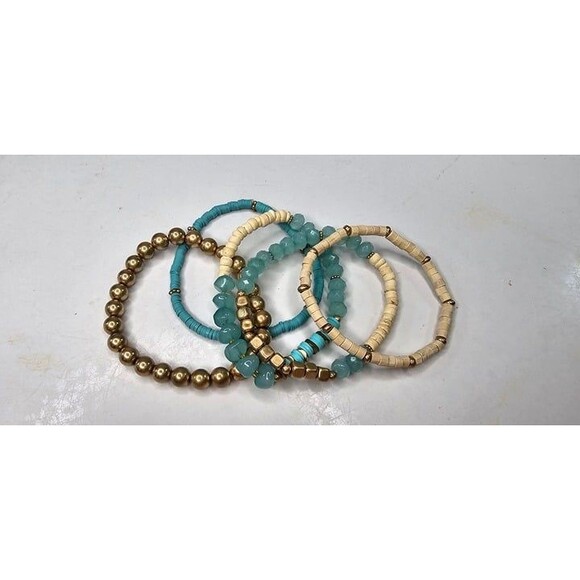 Lot of 5 Aqua, Gold Tone and Cream Stretch Beaded Bracelets - Picture 1 of 3